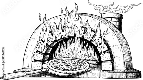 Pizza Oven with Hot Flames and Fresh Pizza Peel Isolated White fire cooking