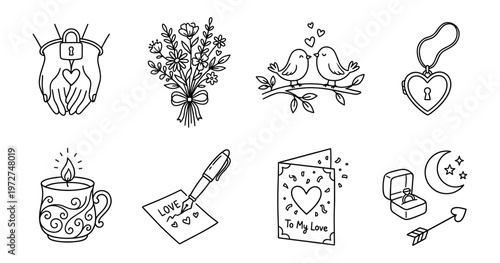 Love and Romance Doodles: Hand-Drawn Line Art Collection of Hearts, Couple Birds, Proposal Ring, Love Letter, and Valentine's Day Symbols for Marketing, Branding, and Greeting Cards
