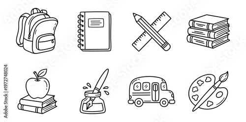 Back to School Education Line Art Icons Set - Hand Drawn Doodle School Supplies and Learning Tools for Student Marketing and Classroom Design