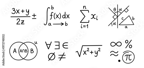 Hand-Drawn Mathematical Equations and Scientific Symbols on White, Vector Illustration for Education, STEM Learning, Problem-Solving, and Analytical Marketing or Branding Concepts