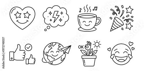 Positive Concept Line Art Icons Set: Heart, Idea, Coffee, Party, Thumbs Up, Earth, Plant, Laughing Emoji for Social Media, Website UI, Business Success and Feel-Good Design Elements