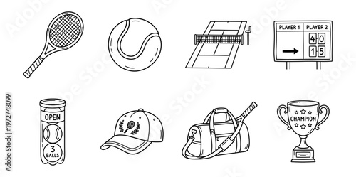 Hand Drawn Tennis Icons Set. Doodle Vector Collection of Sport Equipment, Court, Scoreboard, Balls, Racket, Bag, Cap, and Champion Trophy. Ideal for Web Design, Apps, and Marketing Graphics.