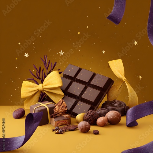 A beautifully arranged assortment of chocolates and candies on a yellow background