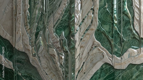 Polished Emerald Marble Surface With Abstract White Computer Circuit Line Design