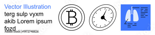 Cryptocurrency monitoring, time efficiency, medical diagnostics, blockchain, productivity, health analysis. Bitcoin logo, clock and lungs X-ray visuals. Cryptocurrency monitoring and time efficiency