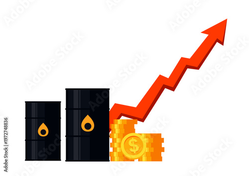 Rising Oil Prices Concept with Fuel Barrels and Upward Arrow, Energy Crisis and Inflation Illustration