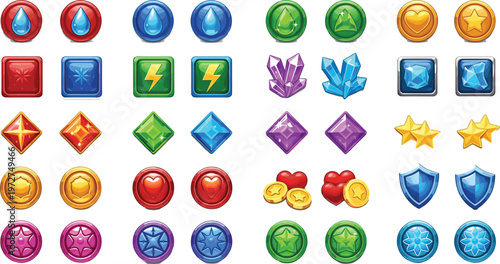 Set of Cartoon Game Icons Including Gems, Shields, Stars, and Power-Ups for Use in Digital Media, Game Design, and Fantasy Illustrations