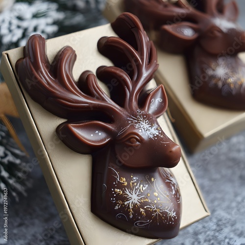 A chocolate reindeer head with gold and white decorations on a box