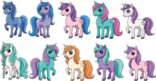 Colorful Cartoon Unicorn Set, Playful and Cute Unicorn Characters in Various Colors for Kids’ Designs