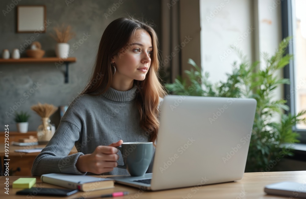 Fototapeta premium Young woman sits at desk working on laptop. She holds coffee mug thinking and looking away. Home office setting with plants visible outside window. Productive lifestyle choice.