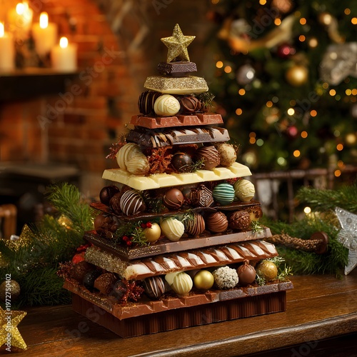 A chocolate Christmas tree sits on a wooden table in a cozy room