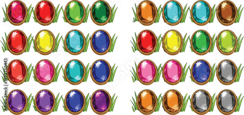 Colorful Gemstone Set, Bright and Vibrant Jewels in Golden Settings for Fantasy, Treasure, and Game Design Illustrations