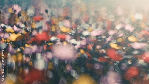 Dreamy field of colorful wildflowers with soft bokeh and vibrant hues