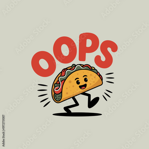Taco with smiling face and 'oops' text mid-stride with fast food