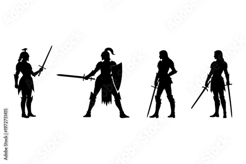 diverse collection of female knight silhouettes in side view with swords, vector set designed for fantasy game assets
