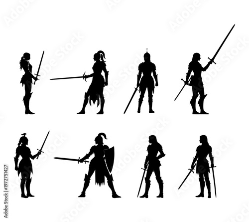 series of female knight characters in side view silhouettes holding swords, vector set for medieval and fantasy designs