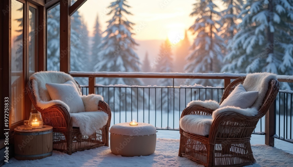 Naklejka premium Winter balcony with chairs and fur blankets overlooks snowy forest at sunset. Cozy outdoor space with warm lighting and peaceful scenic view.