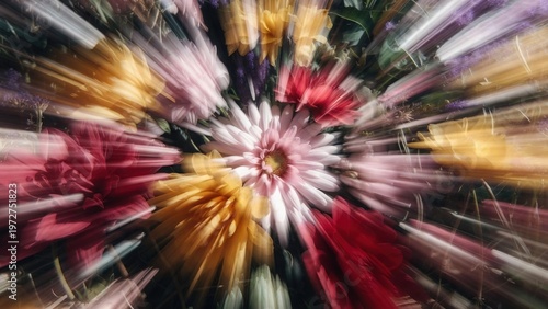 Stunning bouquet of pink, yellow, and red flowers with a radial zoom blur