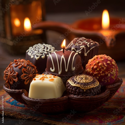 A beautifully arranged selection of chocolates in a decorative bowl with lit candles