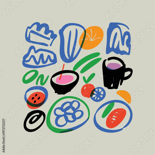 Abstract food and drink illustrations with simple shapes and bright colors