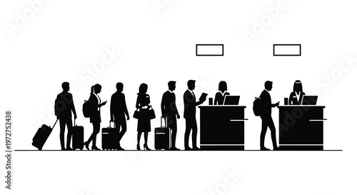 A line of travelers waits to check in at a hotel reception desk depicted in a striking silhouette high quality professional