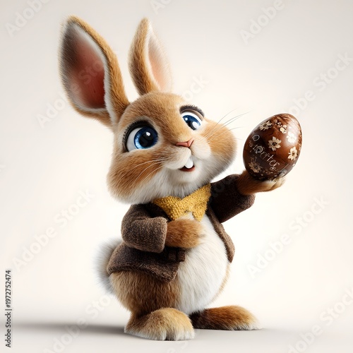 A cute cartoon rabbit holding a decorated Easter egg