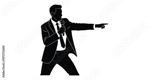 A sharply dressed man in a suit gestures while speaking into a microphone presented as a striking silhouette high quality professional