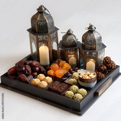 A beautifully arranged tray of assorted sweets and lanterns on a white background