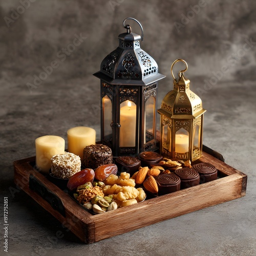 A beautifully arranged wooden tray with lanterns and assorted sweet and savory treats