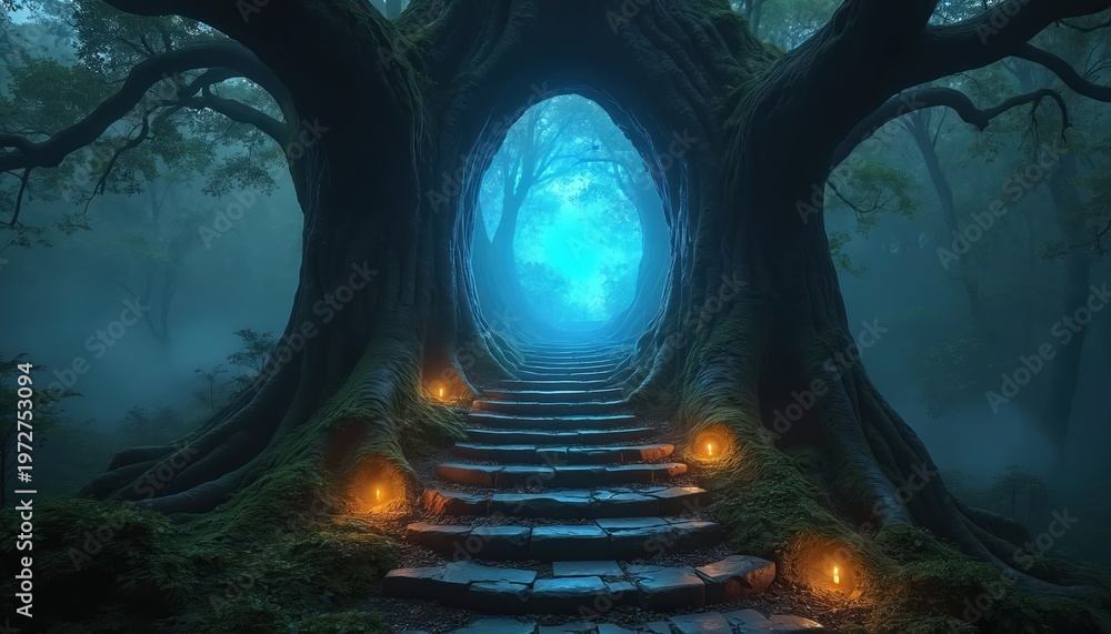 Obraz premium Stone stairs lead through giant tree trunk opening to bright blue magical portal. Glowing lanterns light forest path at dusk. Mystical entryway into another world.