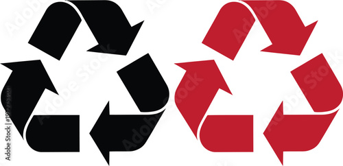 Recycling symbol variations black and red chasing arrows representing sustainability