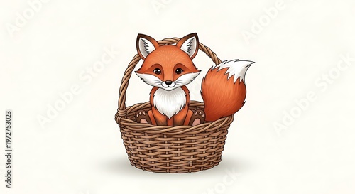 Cute cartoon fox in basket.