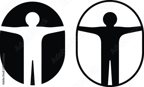 Vitruvian man variations black and white silhouettes exploring human proportion