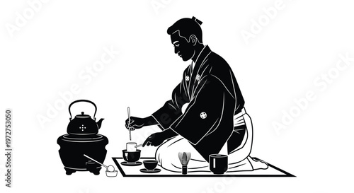 A traditional japanese man prepares matcha tea kneeling with tools and teaware a striking silhouette high quality professional detailed modern elegant