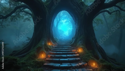 Stone stairs lead through giant tree trunk opening to bright blue magical portal. Glowing lanterns light forest path at dusk. Mystical entryway into another world.