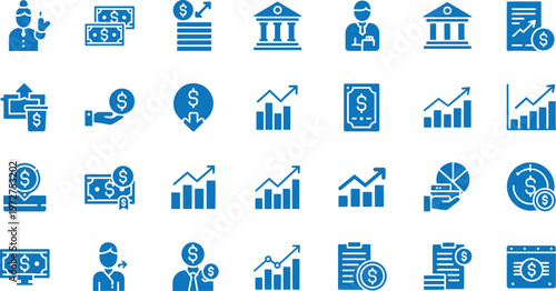 Collection of blue financial and economic icons on a white background