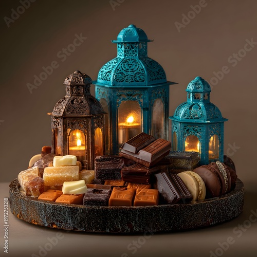 A beautifully arranged platter of assorted chocolates and decorative lanterns