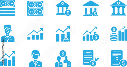 Financial and economic icons set blue glyphs representing growth and stability