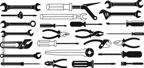 Collection of black and white hand tools wrenches screwdrivers pliers and more