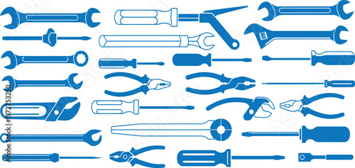 Collection of blue hand tools wrenches screwdrivers pliers and more