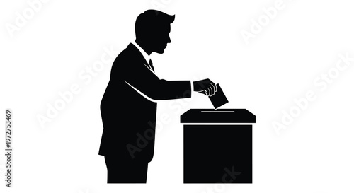 A man in a suit deposits a ballot into a voting box depicted as a striking black silhouette high quality professional