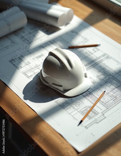 White hard hat and blueprints on table. Pencils rest on architectural plans. Construction site planning and engineering project in progress. Safety gear and design documents.