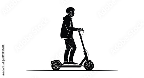 A man in a suit rides an electric scooter depicted in a striking black silhouette high quality professional detailed modern elegant