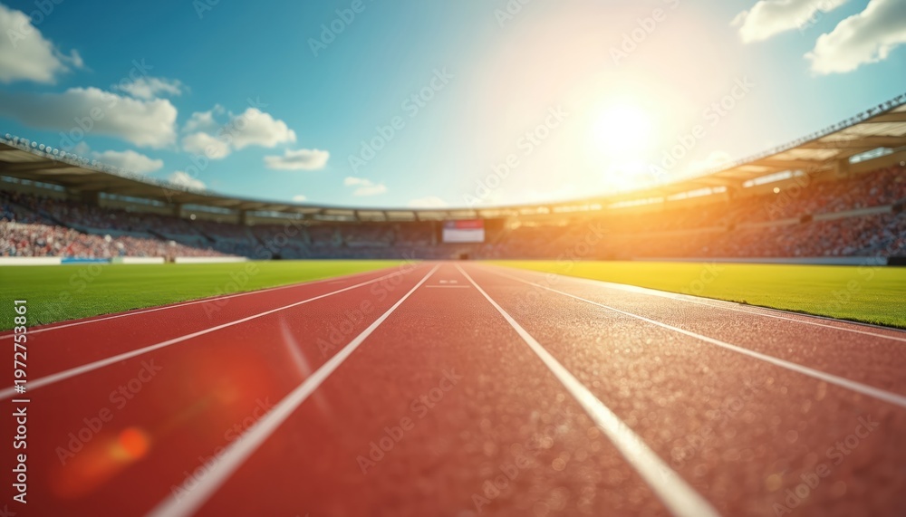 Obraz premium Athletics stadium track and field lanes under bright sun. Green grass field stadium seats with crowd, clear blue sky clouds. Sports venue race start finish.