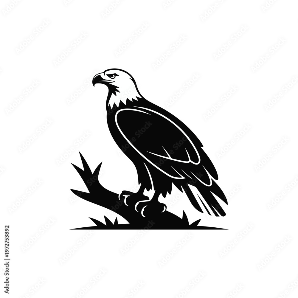 Obraz premium Majestic Bald Eagle Perched on a Branch Black and White Illustration, Eagle, Minimalist and Simple Silhouette