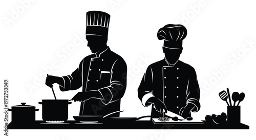 Two chefs in a kitchen preparing food one stirring a pot and the other chopping in a stark silhouette high quality