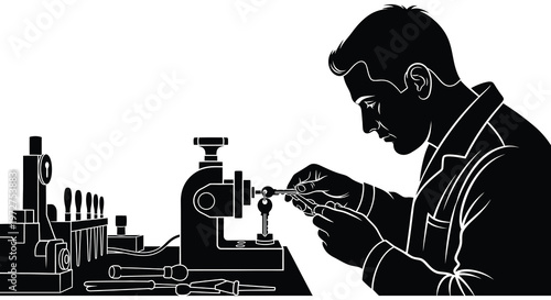 A focused craftsman meticulously works with precision tools at his workbench rendered as a striking silhouette high quality professional detailed modern