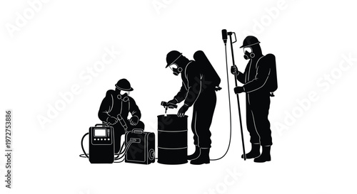 A group of workers in protective gear perform maintenance on equipment depicted in a striking black silhouette high quality professional detailed