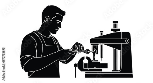 A craftsman carefully works on a metal piece using machinery depicted as a striking black silhouette high quality professional detailed modern