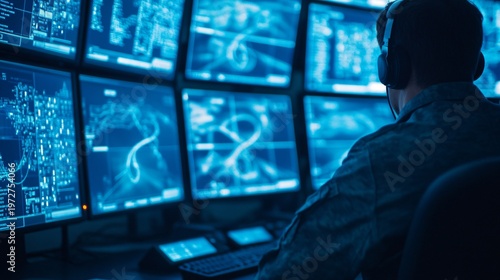 High-security defense operations room visualizing radar + missile trajectory tracking analytics through advanced monitoring software within a national command center environment.